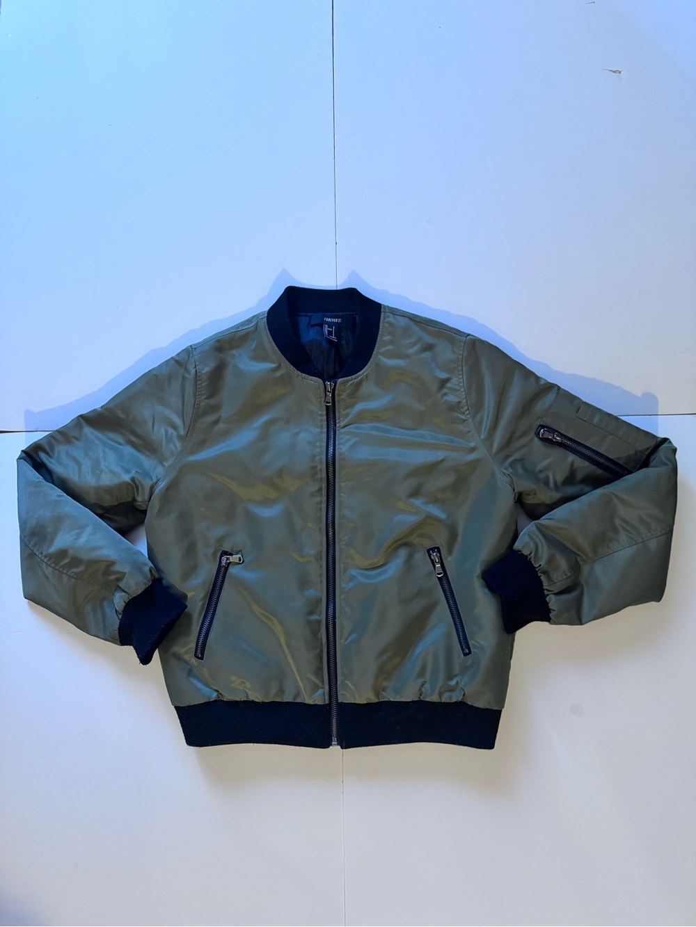 Forever 21 Olive Green Bomber Jacket with Black Trim